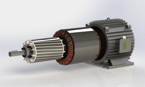 istock Rotor, stator and housing for electric motor, 3D rendering isolated on white background, exploded view 1392064559