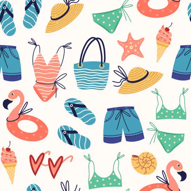 Vector illustration of Beach vacation clothes and accessories seamless vector pattern. Sea holiday attributes - swimsuit, swimming trunks, flip flops, bag, straw hat, rubber ring, shells. Flat cartoon style, hand drawn illustration