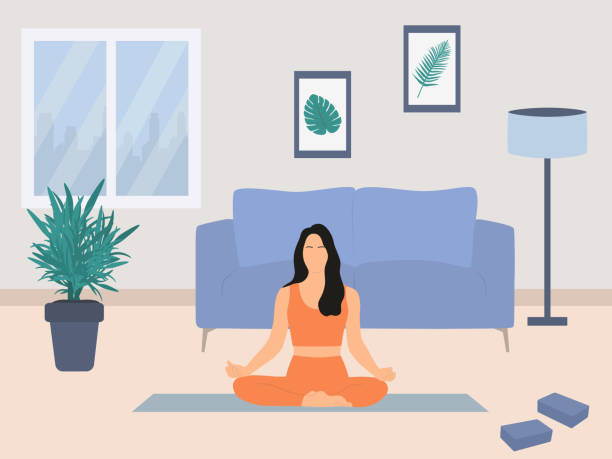 Young Woman Sitting In Lotus Position And Performing Meditation Exercise At Home vector art illustration