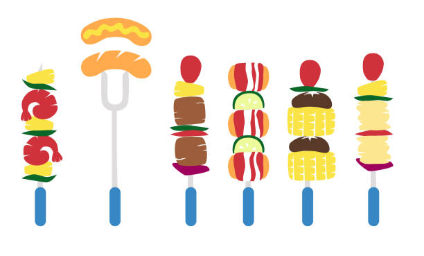 꼬치에 바베큐 다양한 음식 - shrimp barbecue barbecue grill skewer stock illustrations