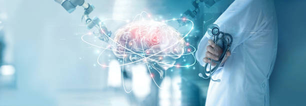 의사 검사 두뇌 컴퓨터 인터페이스, 추상 테스트 결과. 과학 및 의학 개념에 혁신적인 기술 - laboratory concepts ideas doctor 뉴스 사진 이미지
