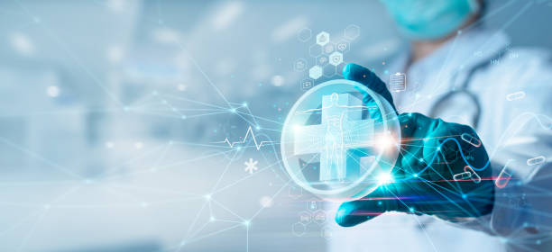 medicine doctor hold icon health and electronic medical record on interface. digital healthcare and network connection on hologram virtual screen, insurance. medical technology and network concept. - growth global business global communications healthcare and medicine imagens e fotografias de stock