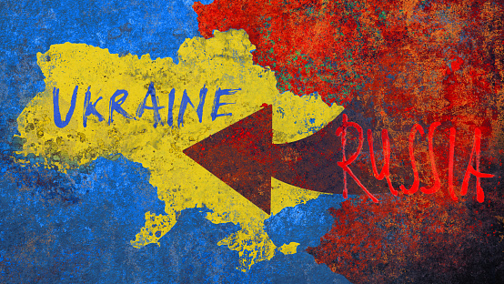 Map of Ukraine and Russia with an arrow symbol
