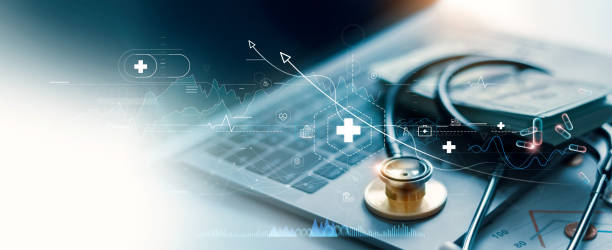 healthcare business graph and data of medical business growth and gold stethoscope of doctor on laptop, investment, financial and banking, medical business report on global network. - healthcare stockfoto's en -beelden