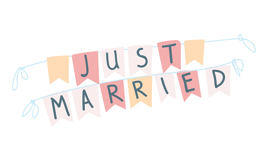 Just married decorative party flags semi flat color vector object. Newlywed apartment decoration. Full sized item on white. Simple cartoon style illustration for web graphic design and animation