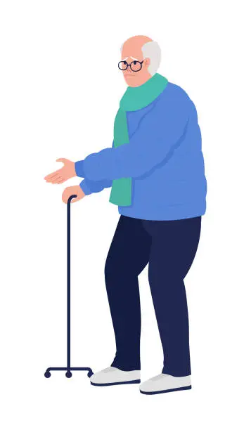 Vector illustration of Sad senior man with tripod walking stick semi flat color vector character