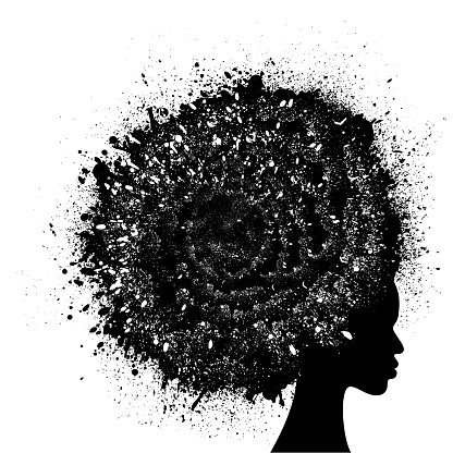 Black silhouette of woman with circle curled hair and ink blots splash inside