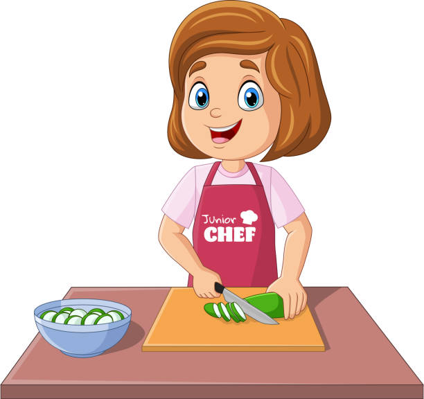 Cartoon Chef Girl Cutting Cucumber With Board And Knife - Arte vetorial de  stock e mais imagens de Raparigas - iStock
