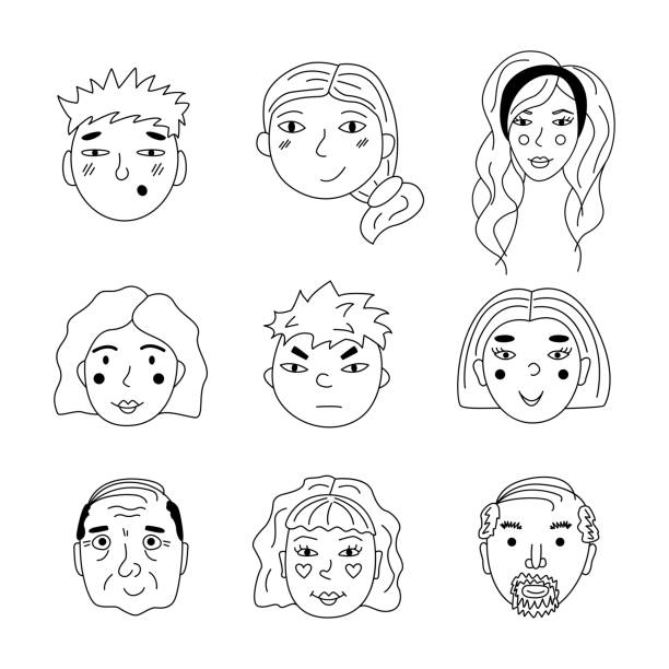 A set of people's faces in the style of duddle. Hand-drawn outline vector illustration. A set of people's faces in the style of duddle. Hand-drawn outline vector illustration. ugly face stock illustrations
