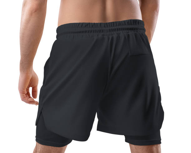 istock Mockup of black undershorts with elastic underpants compression line, sportswear with elasticated waist, for design, pattern. 1392082955