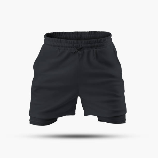istock Black loose sport shorts mockup with compression line, 3D rendering, isolated on background, front view. 1392083044