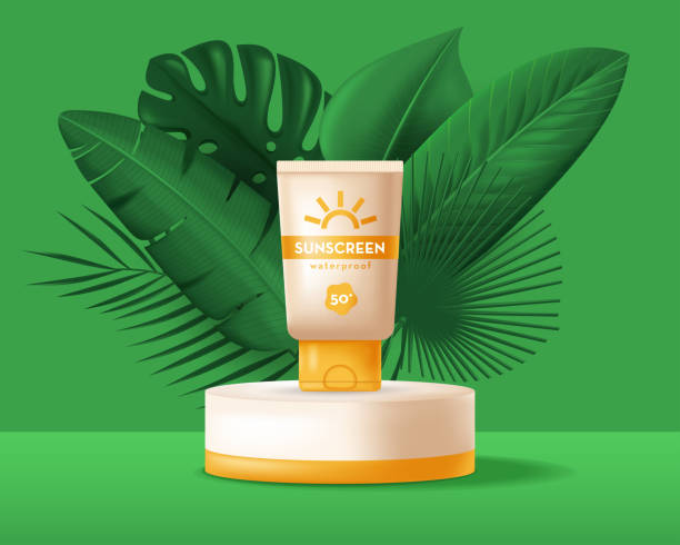 istock Banner with Summer cosmetic product on podium, and tropical leaves. Vector 3D realistic illustration 1392085394