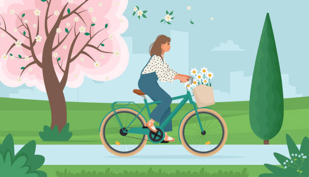 Woman riding bike with flowers in the basket, in the park, on Spring landscape. Vector illustration in flat style, spring coming concept Woman riding bike with flowers in the basket, in the park, on Spring landscape. Vector illustration in flat style, spring coming concept springtime woman stock illustrations