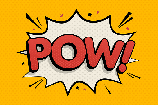 Pow. Comic text sound effects. Vector illustration in pop-art style on yellow background.