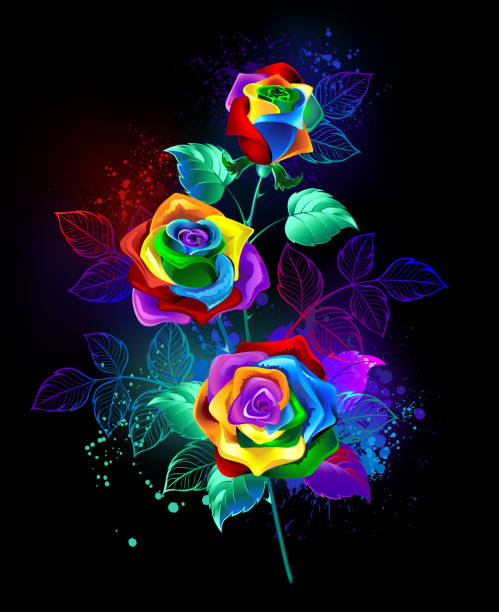 Branch with rainbow roses Branch of artistically drawn, unrealistic, fantastic, bright, rainbow roses with drops of luminous paint on black background. Rainbow rose. blue rose against black background stock illustrations