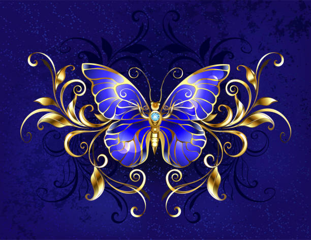 illustrations, cliparts, dessins animés et icônes de papillon saphir avec motif doré - blue silk morpho butterfly