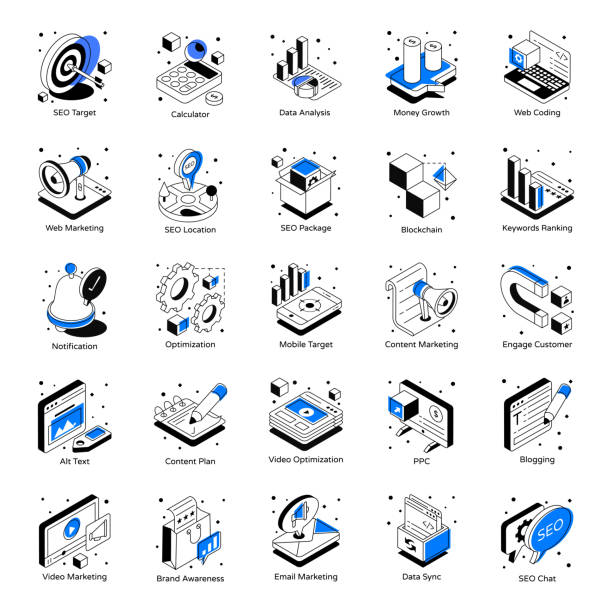 seo и маркетинг изометрические иконки - изометрическая проекция stock illustrations