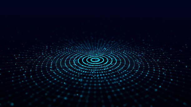 Abstract blue background of circular flow of particles. Digital cyberspace. Network connections structure. 3D rendering.