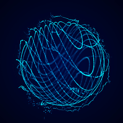 Sphere with curved lines of particles on a blue background. Twisting glowing lines. Global network connection. Futuristic technology style.
