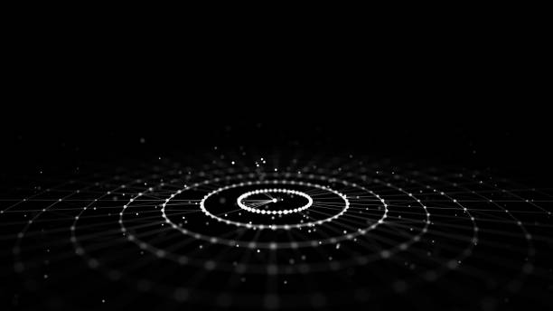 Abstract black background of circular flow of particles. Digital cyberspace. Network connections structure. 3D rendering.