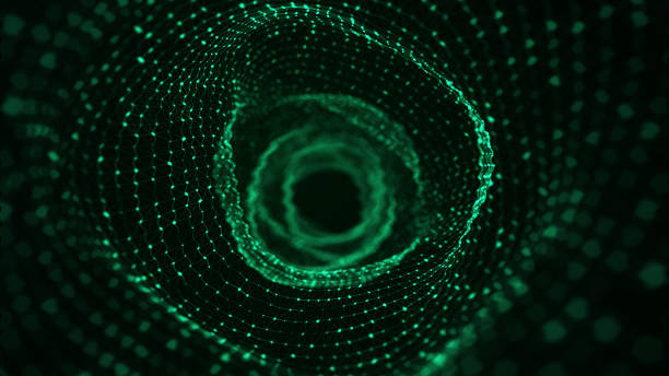 istock Abstract dynamic wireframe tunnel on green background. Deep wavy wormhole. Futuristic particle flow. 3d rendering. 1392087227