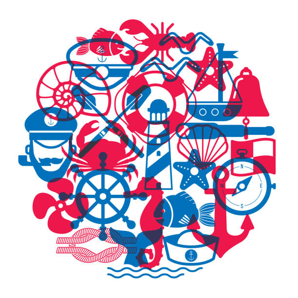 Nautical Icons Sailor Marine Navy Symbols Sea Captain Ahoy Overprint Design Vector illustration of various nautical, marine, and navy icons and symbols overlapping in a round circular shape. Risograph, overprinting, multi-layered effect, offset print. sailor hat stock illustrations