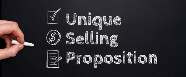 Acronym USP or Unique Selling Proposition. Person drawing with chalk on a blackboard