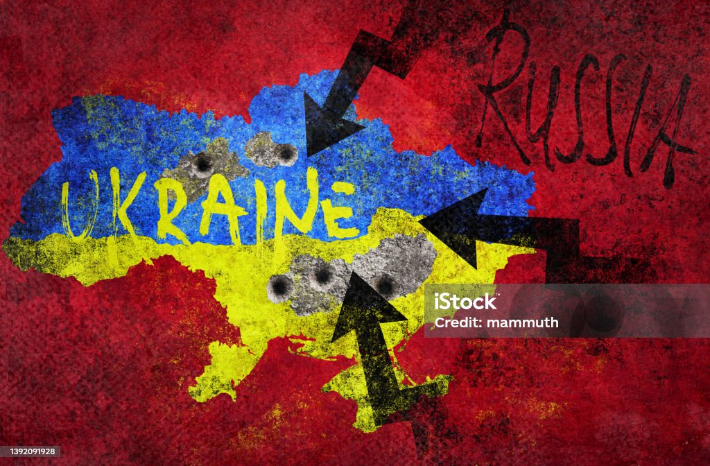 Russian military invasion of Ukraine Map of Ukraine and Russia with an arrow symbol Ukraine Stock Photo