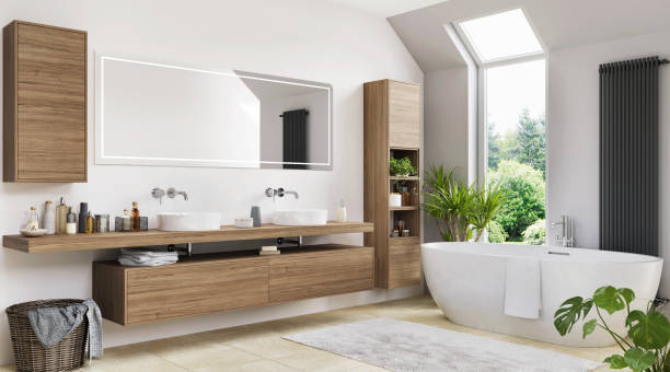 Modern bathroom interior design Beautiful modern bathroom with two sinks and a bathtub domestic bathroom stock pictures, royalty-free photos & images
