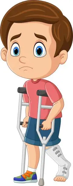 Vector illustration of Cartoon little boy with broken leg