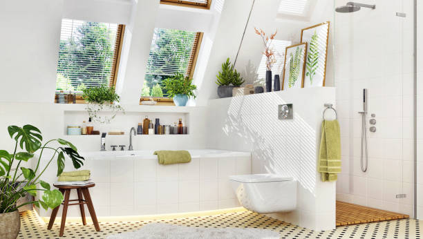 diseño interior de baño moderno - house attic desing residential structure fotografías e imágenes de stock