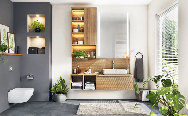 diseño interior de baño moderno - cuarto de baño fotografías e imágenes de stock