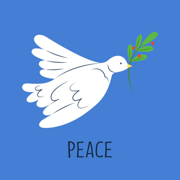 istock Dove of peace with olive branch and text on a blue background. World Peace Day greeting card. Hand drawn modern Vector illustration. 1392093123