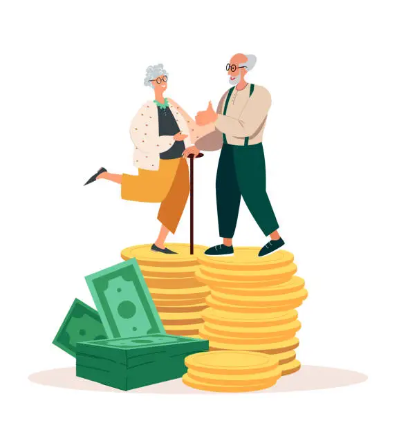 Vector illustration of Happy Senior Pensioners Male Female Characters Stand on Huge Pile of Money Golden Coins Stack.Concept of Financial Wealth,Pension Deductions,Savings,Wealthy Retirement. People Vector Illustration