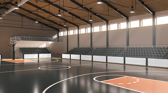 Basketball court with hoop and tribune mockup, side view, 3d rendering. Basket-ball arena perimeter for tournament or school game. Playground outline with banner and spotlight template.