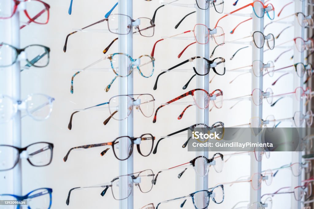 Close-up of a stand of glasses in the optic shop Eyewear Stock Photo