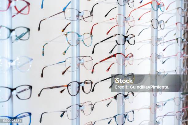 Closeup Of A Stand Of Glasses In The Optic Shop Stock Photo - Download Image Now - Eyewear, Store, Eyesight