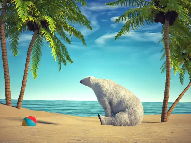 Photo of Polar bear relaxing on a tropical beach.