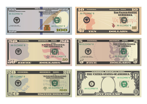 Set of One Hundred, Fifty, Twenty, Ten, Five Dollars and One Dollar bills without portraits of presidents. 100, 50, 20, 10, 5 and 1 US dollars banknotes. Template or mock up for a souvenir