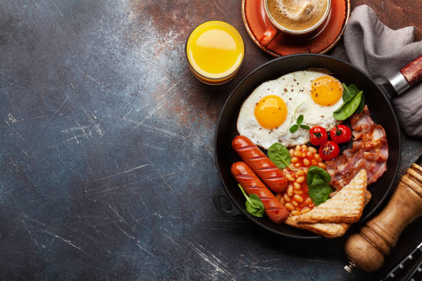 istock English breakfast with fried eggs, beans, bacon and sausages 1392101894