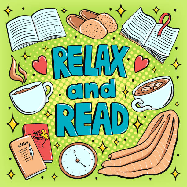 Relax and read a book pop art poster design for a book lovers hand drawn in retro comics style, vector illustration eps10 Relax and read a book pop art poster design for a book lovers hand drawn in retro comics style, vector illustration eps10 book club stock illustrations