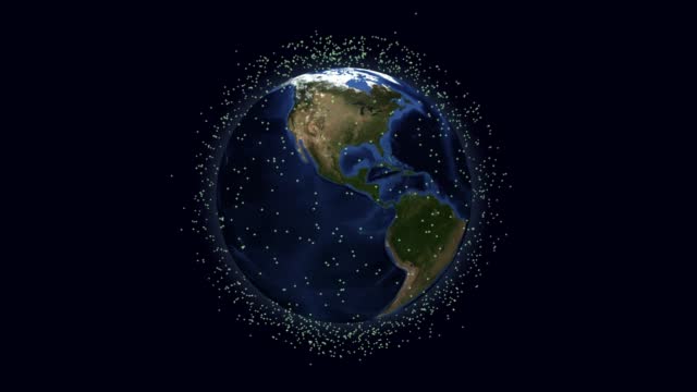 Animation of satellites flying over earth, a visual representation of the satellites trajectories and orbits. 3D animated model of geostationary simulation.