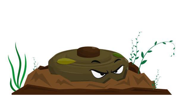 만화 사악한 무기 전투 안티 탱크 광산은 땅의 균열에 숨어 있습니다. 흰색 배경에 고립 된 만화 벡터 - exploding mining bomb mine stock illustrations