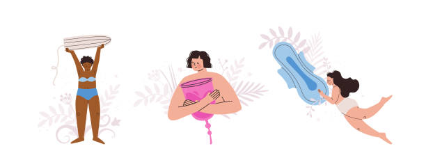 Women and personal intimate hygiene items. Giant sanitary tampon, pad and silicone reusable menstrual cup. Concept of women's health and hygiene. Vector isolated illustration. Women and personal intimate hygiene items. Giant sanitary tampon, pad and silicone reusable menstrual cup. Concept of women's health and hygiene. Vector isolated illustration. women private part stock illustrations
