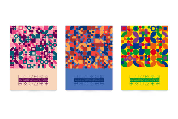 Bauhaus abstract pattern, geometric background, vector circle, square, triangle and circle shape design. Colored Bauhaus pattern, background, poster set vector art illustration