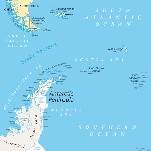 Antarctic Peninsula area, from Patagonia to Antarctica, political map Antarctic Peninsula area, political map. From southern Patagonia and Falkland Islands, to South Georgia and the South Sandwich Islands, South Orkney Islands, and Drake Passage, to Antarctic Peninsula. antarctica travel stock illustrations