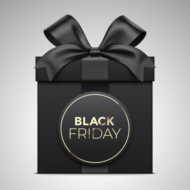 black friday premium style vector gift box, wrapped with satin ribbon, and lettering oval label. - black friday stock illustrations