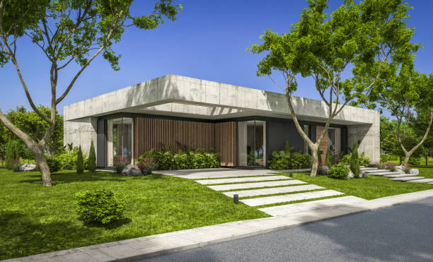 istock 3d rendering of new concrete house in modern style 1392115673