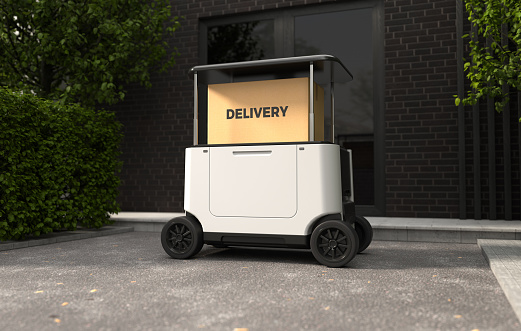 Delivery robot in front of the house, Autonomous delivery robotic. 3D illustration