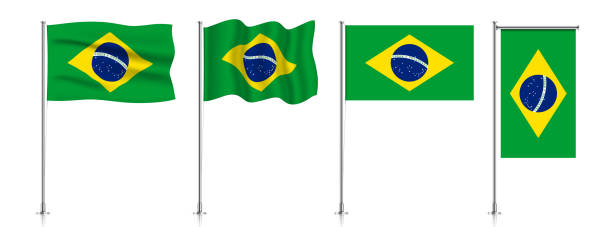Set of Brazil flags on metallic pole. Vector set of Brazil flags on a metallic pole, isolated on a white background. flagpole stock illustrations